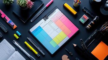A desk with a laptop, pens, and other office supplies photo