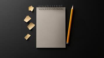 Notebook with pencil and paper on black background 3d render photo