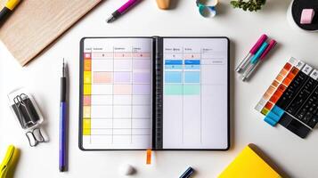 A planner, a notebook, and a pen on a desk photo