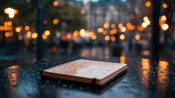 notebook lying on rain soaked cafe table with soft bokeh lights photo