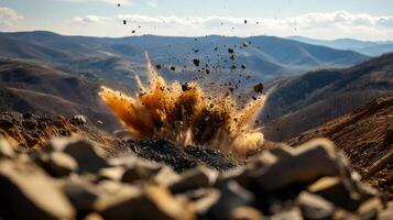 Explosive blast during mountaintop removal mining operation in mountainous landscape photo