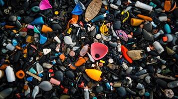 A pile of plastic items on the beach photo