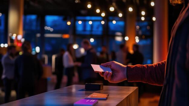 modern tech startup founder handing out business cards at event photo