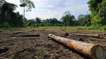 Deforested land with cut trees and sparse vegetation in tropical forest photo