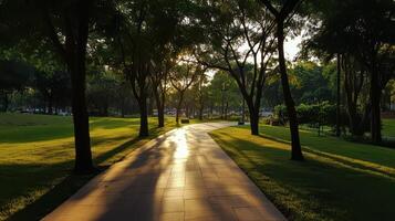 serene park pathway lined with trees, bathed in golden sunlight photo