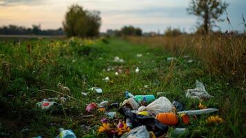 polluted meadow filled with plastic waste and debris, highlighting environmental issues photo