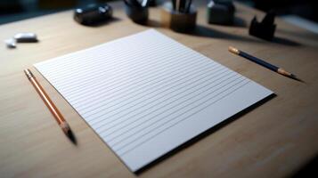blank lined note paper on desk with pencils and stationery items photo