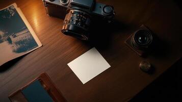 vintage camera and photo on wooden table with blank card