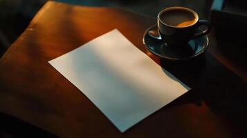 blank piece of paper beside coffee cup on wooden table photo