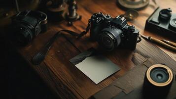 vintage camera on wooden table with photo and accessories