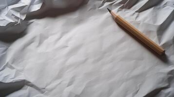Crumpled paper with wooden pencil, perfect for sketching ideas photo