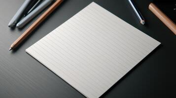 A notepad, pen and pencils on a desk photo