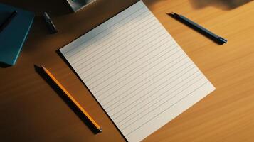 blank lined note paper on wooden desk with pens and stationery photo