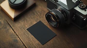 vintage camera beside blank business card on wooden table photo