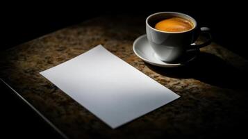 cup of coffee beside blank piece of paper on dark table photo
