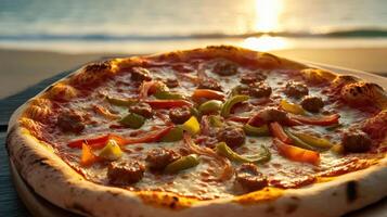 Delicious pizza topped with sausage and colorful bell peppers at sunset photo