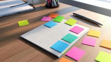 A desk with a notebook, pen, and sticky notes photo