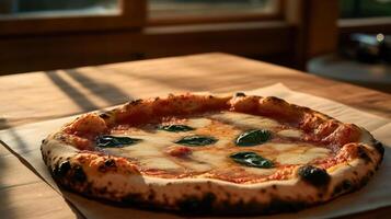 Fresh pizza on wooden table with basil leaves in cozy setting photo