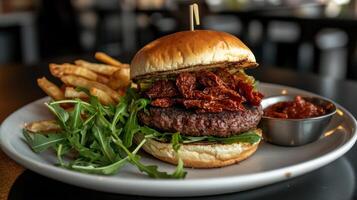 A burger with fries and a pickle on a plate photo