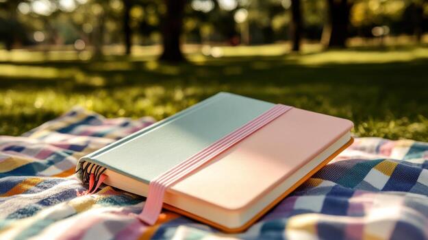 pocket sized notebook with soft pastel cover resting on picnic blanket photo