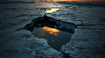 polar landscape with large ice floe breaking apart, reflecting sunset colors photo