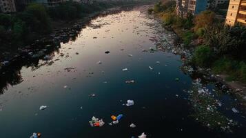 polluted river filled with floating plastic waste and debris photo
