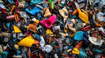 Polluted beach covered with plastic waste, harming marine life and environment photo