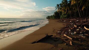 A beach with trash and palm trees photo