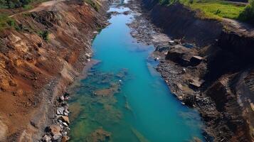 Polluted river near mining site with vibrant blue water and debris photo