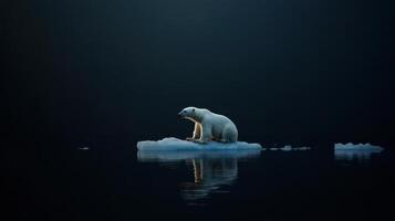 polar bear sitting on small piece of ice in dark water, reflecting photo