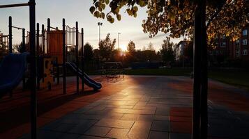 playground at sunset with slides and play structures, casting long shadows photo
