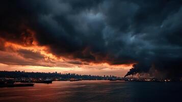 Dramatic sunset over polluted industrial harbor with smoke stacks photo
