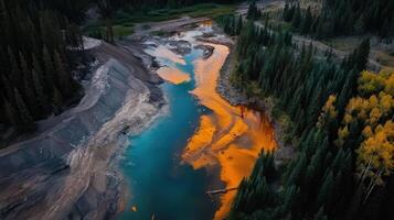 Aerial view of river reflecting orange hues amidst green forests photo
