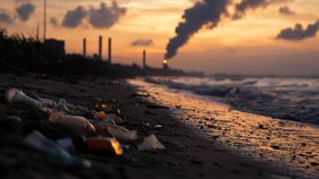 Polluted beach with plastic waste and smoke from nearby factories at sunset photo