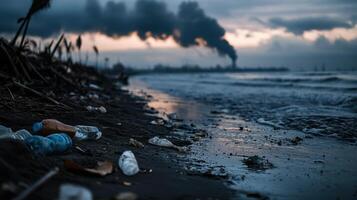 polluted beach with plastic waste and smoke from nearby factories evokes concern photo