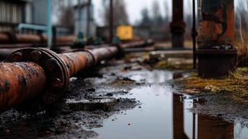 A rusted pipe is sitting in the mud photo