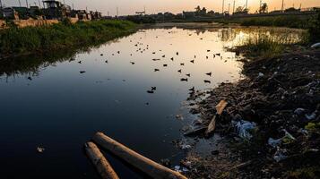 polluted wetland with stagnant water, debris, and birds flying above photo