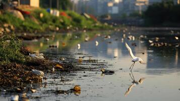 polluted wetland with birds struggling to survive in contaminated environment photo