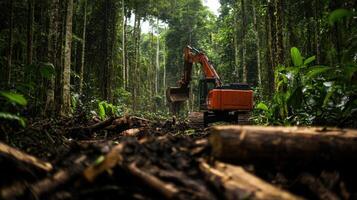 Logging machine in forest clearing trees and debris photo