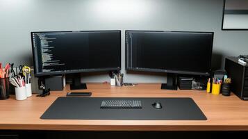 Two computer monitors on a desk with a keyboard and mouse photo