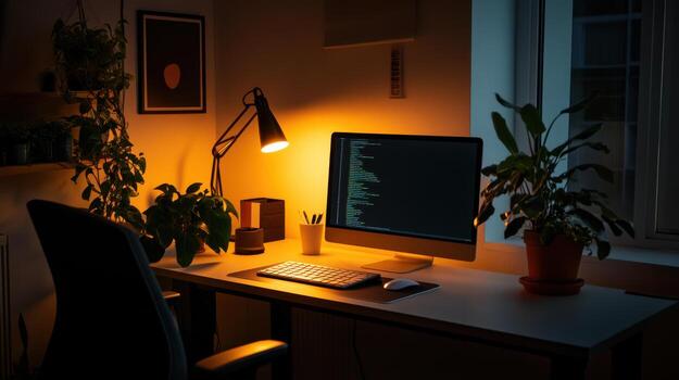 A computer is sitting on a desk in a dark room photo