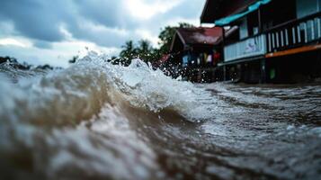 powerful wave crashing near flooded coastal villa, showcasing nature force photo