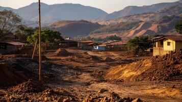 polluted village near mining operation with barren land and hills photo