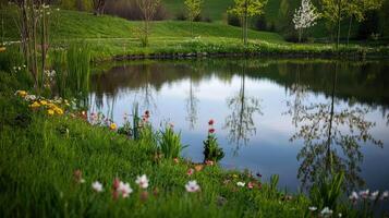 serene pond reflecting blooming flowers and lush greenery photo