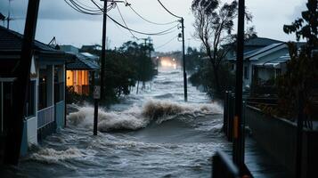 powerful typhoon causes severe flooding on residential street, showcasing impact of nature fury photo