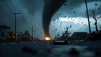 powerful tornado wreaks havoc in small town, debris flying everywhere photo