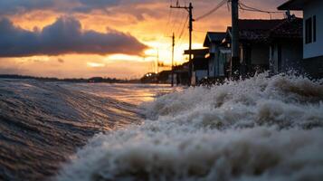 powerful typhoon causes waves to crash against coastal homes at sunset photo