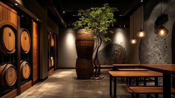 private wine cellar with wooden barrels and tree photo