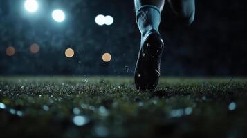 Running on grass during night football match photo