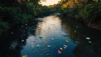 Polluted river with floating plastic bags and bottles, reflecting nature beauty photo